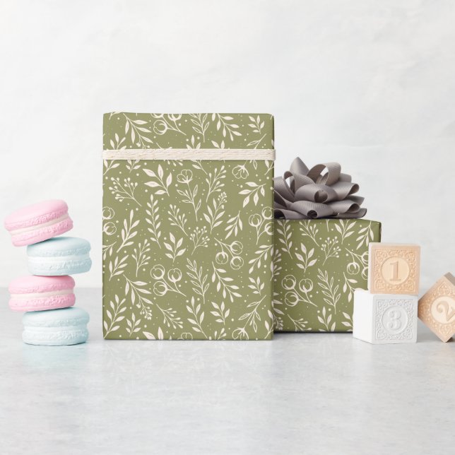 Cadeau Motif botanique vert olive - rouleau de papier d'e (Baby Shower)