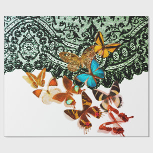 Cadeau MOTIF EN LACE NOIRE AVEC BOUTTERFLIES BLANC Papier