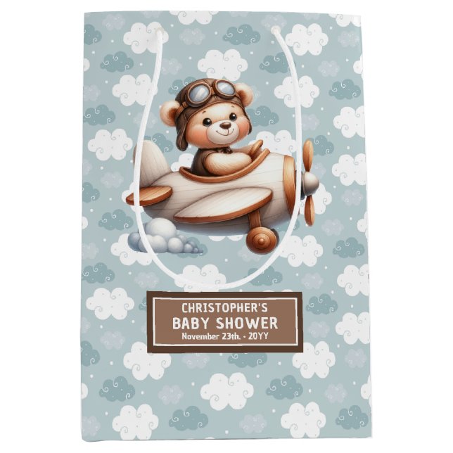 Cadeau Moyen Baby shower Ours Brown Bleu Favoriser Sac Pour Gar (Devant)