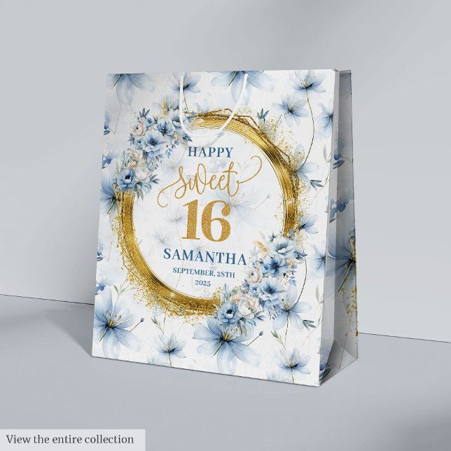Cadeau Moyen Élégant sac Parties scintillant en or Sweet sixtee (Elegant Light Blue Sweet Sixteen Gold Glitter Bag)