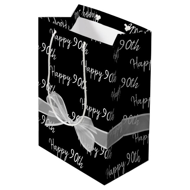 Cadeau Moyen Joyeux 90e Anniversaire Bow Sur Black Medium Sac C (Dos Angle)