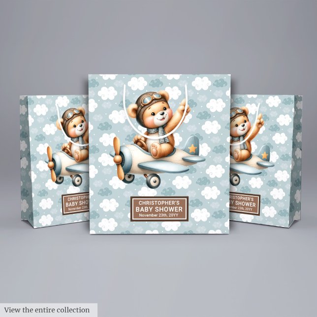 Cadeau Moyen Sac Baby shower Garçon Personnalisé Avec Conceptio (Custom Boy Baby Shower Bag With Pilot Bear Design)