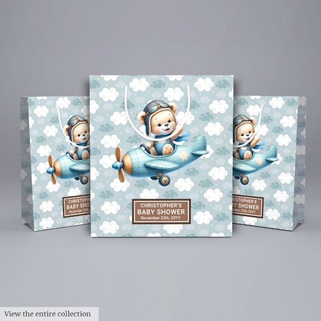Cadeau Moyen Sac De Baby shower Personnalisé Avec Ours En Teddy (Custom Baby Shower Bag With Teddy Bear Pilot Art)