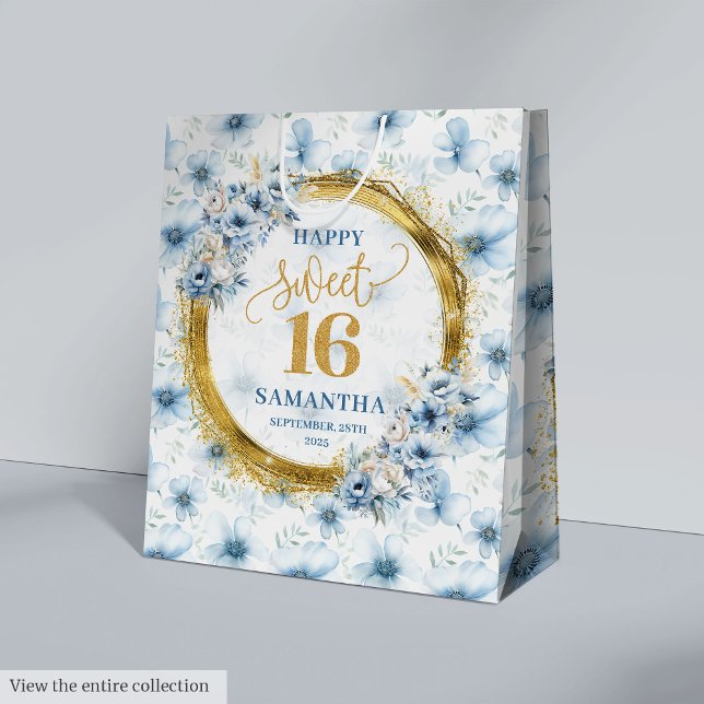 Cadeau Moyen Sac de fête de Parties scintillant en or Dusty Blu (Custom Dusty Blue Sweet 16 Gold Glitter Party Bag)
