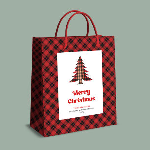 Cadeau Moyen Sac de Noël à carreaux rouge et noir tendance avec