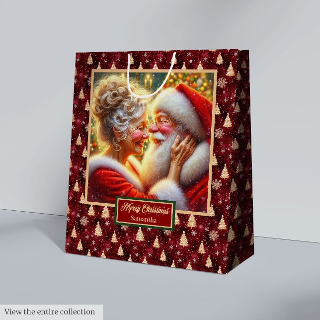 Cadeau Moyen Sac de Noël avec aquarelle Santa Claus Couple (Christmas Bag With Watercolor Santa Claus Couple)