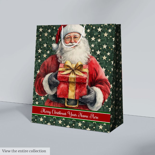 Cadeau Moyen Sac de Noël Monogram : Aquarelle Santa Claus (Monogram Christmas Bag: Watercolor Santa Claus Medium Gift Bag)