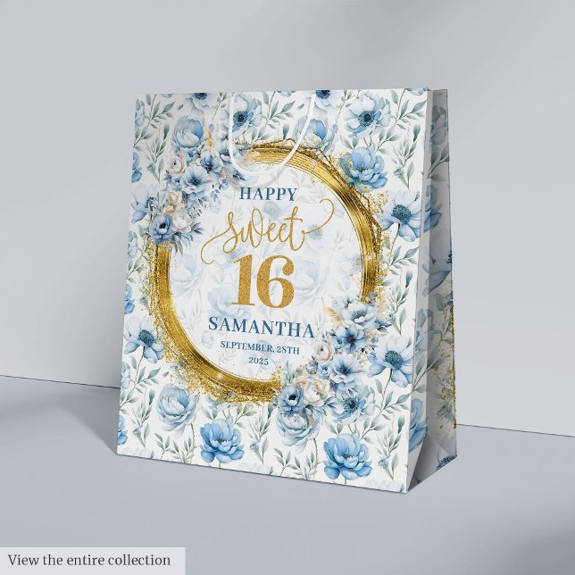 Cadeau Moyen Sac de Parties scintillant en Sweet sixteen bleu c (Personalized Light Blue Sweet Sixteen Glitter Bag)