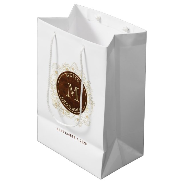 Cadeau Moyen Sac Garçons d'Honneur Monogramme Or Rustique (Devant Angle)