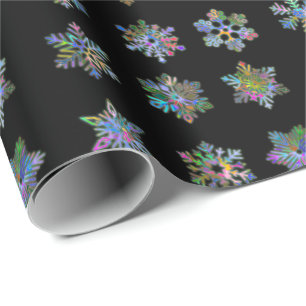 Cadeau Noël noir papier d'emballage motif flocons de neig