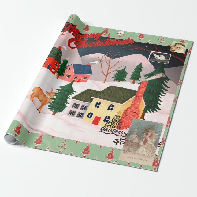 Cadeau NOËL RETRO VILLAGE D'HIVER Papier d'enveloppement (Déroulé)