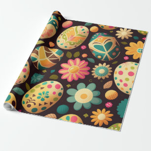 Cadeau OEufs et fleurs colorés Papier d'emballage de Pâqu