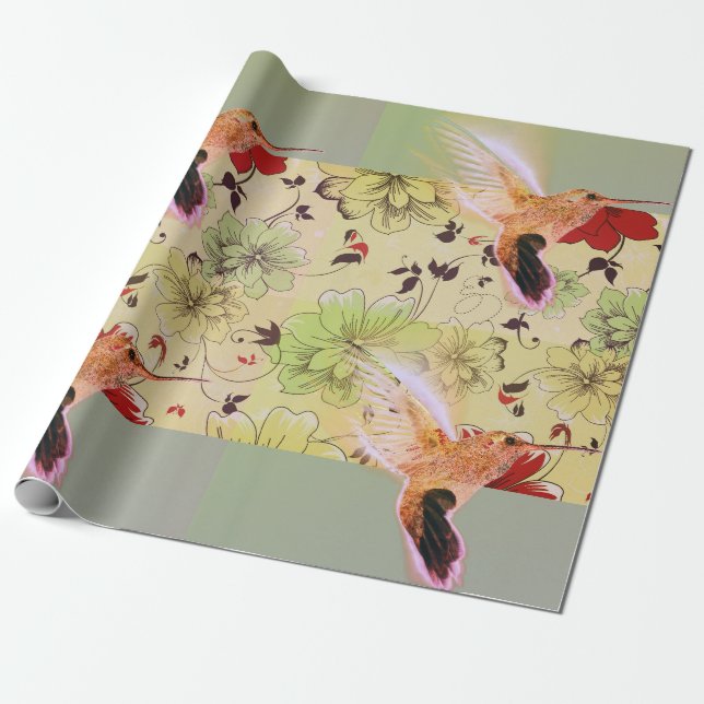 Cadeau OISEAU HUMMINGBIRD ET FLEURS Papier d'enveloppemen (Déroulé)