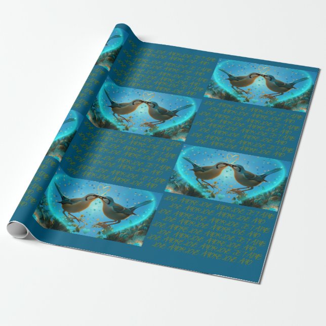 CADEAU OISEAUX DE L'AMOUR - PAPIER D'EMBALLAGE BLEU (Déroulé)