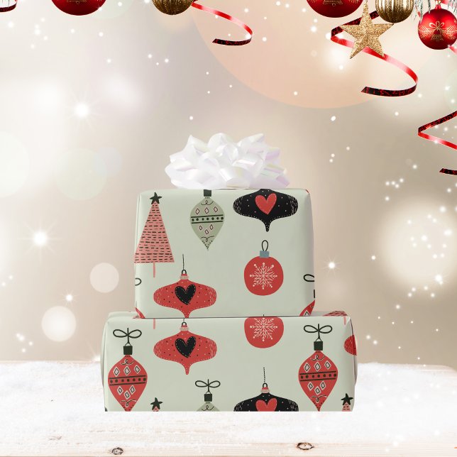 Cadeau Ornements Rétro Vacances papier d'enveloppement ve (Retro Ornaments Holiday Green Wrapping Paper)