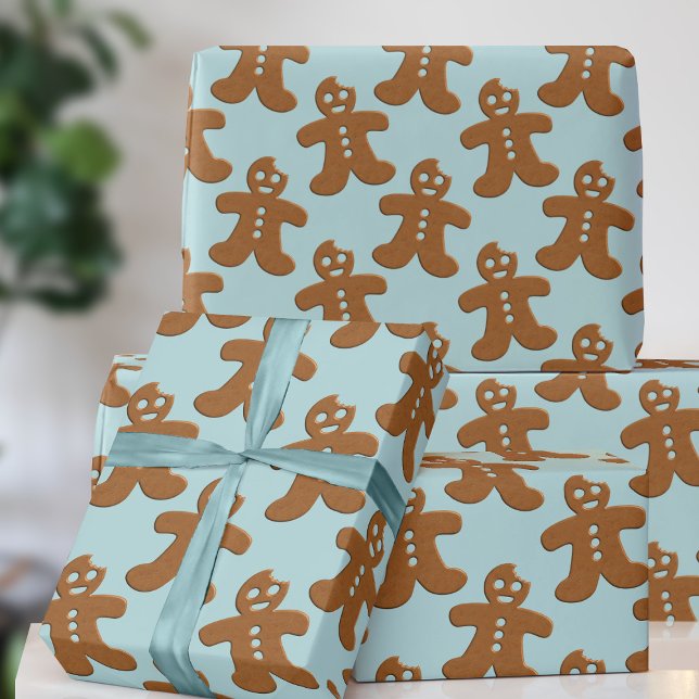 Cadeau Pain d'épices Homme Motif Papier d'enveloppement d (A fun and festive gingerbread cookie pattern on a robin egg blue. Not traditional but full of joy!)