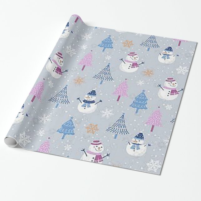 Cadeau Papier à enveloppement "Arbres roses et Snowmen Bl (Déroulé)