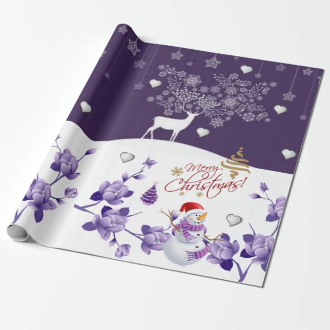 Cadeau Papier à enveloppement de Noël Snowman violet (Déroulé)