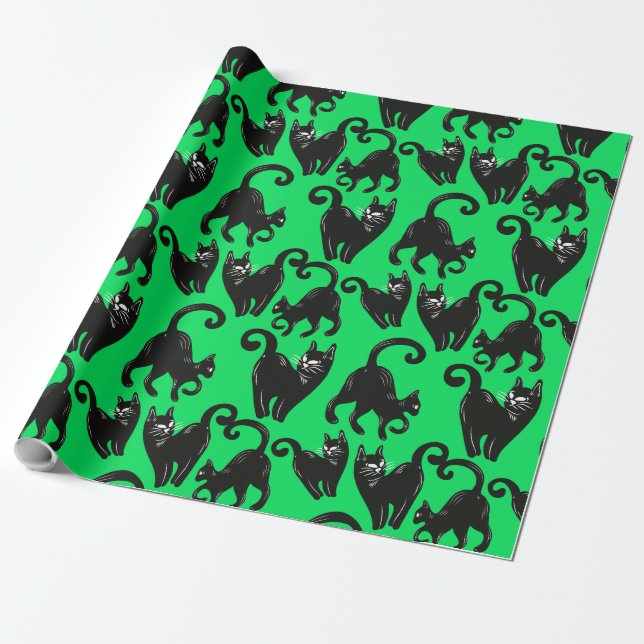 Cadeau Papier à enveloppement d'Halloween vert Chat noir (Déroulé)