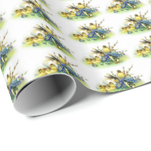 Cadeau Papier à enveloppement Pâques de lapin et pousses 