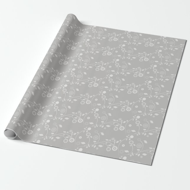 Cadeau Papier à envelopper - Argent & Blanc Floral (Déroulé)