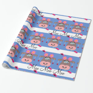Cadeau Papier à envelopper brillant, Floral Cow Moo Blue