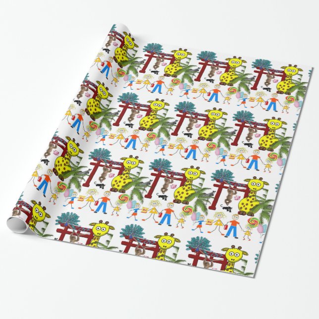 Cadeau Papier à envelopper brillant, Giraffe de singe Zoo (Déroulé)