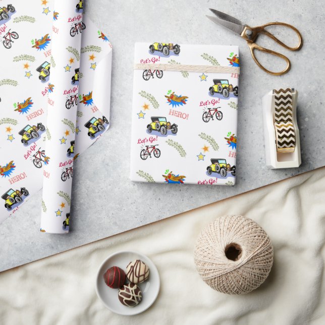 Cadeau Papier à envelopper brillant Héros Voiture à bicyc (Artisanat)