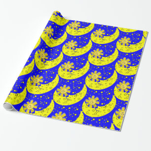 Cadeau Papier à envelopper brillant, Lune Soleil Bleu Jau