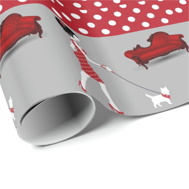 Cadeau Papier à envelopper brillant Polkadot rouge chien (Coin rond)