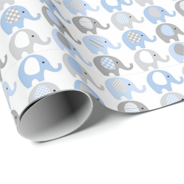 Cadeau Papier à envelopper - Eléphants bleus et gris (Coin rond)