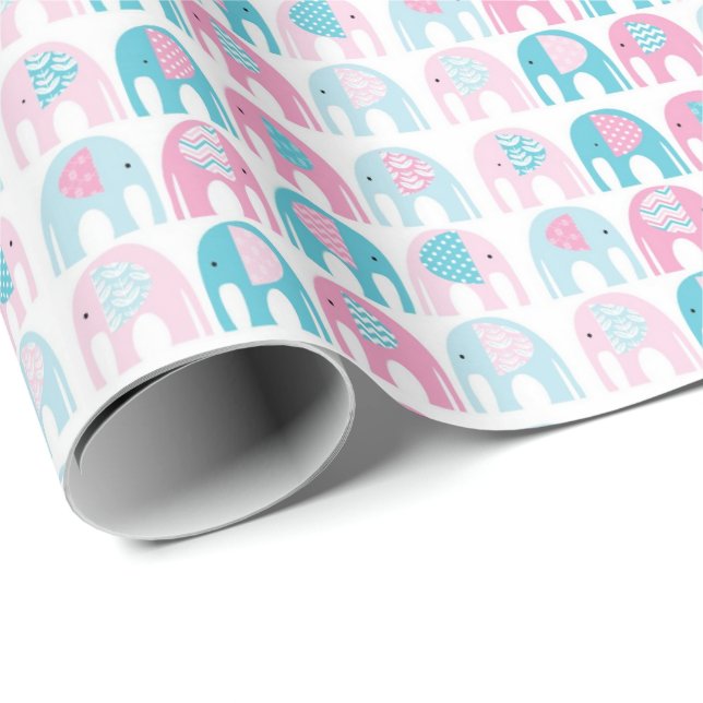 Cadeau Papier à envelopper - Eléphants bleus et roses (Coin rond)