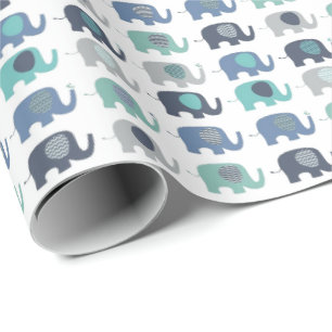 Cadeau Papier à envelopper - Eléphants bleus, verts et gr