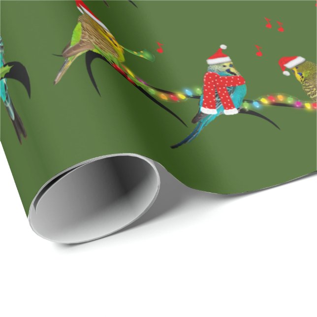 Cadeau Papier à envelopper français Noël Budgie (vert fon (Coin rond)