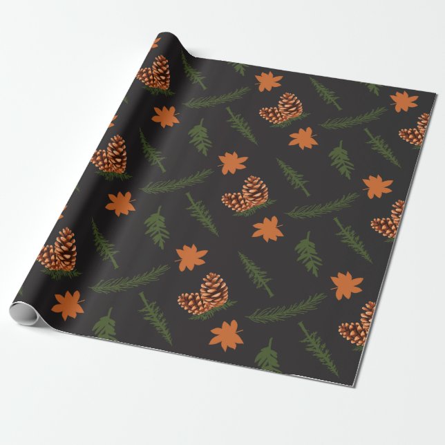 Cadeau Papier à envelopper noir sans soudure : Pin et feu (Déroulé)