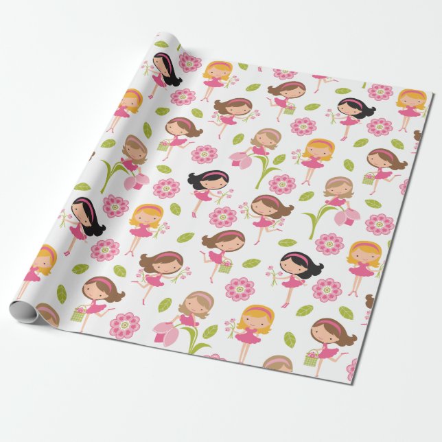 Cadeau Papier à envelopper pour filles à fleurs roses mig (Déroulé)