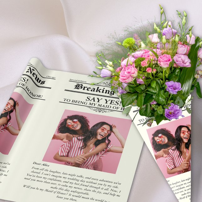 Cadeau Papier à fleurs photo Maid of Honor (Newspaper Flower Wrap Photo Maid of Honor Wrapping Paper)