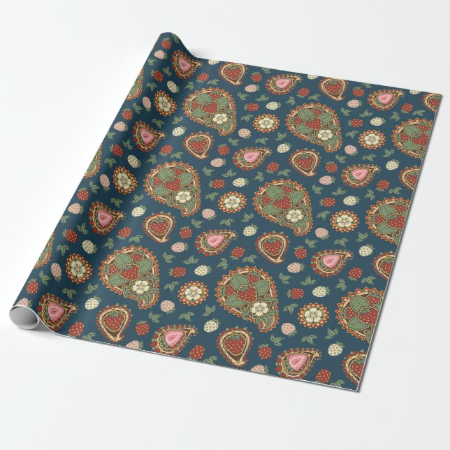 Cadeau Papier à Motif de fraise Paisley (Déroulé)
