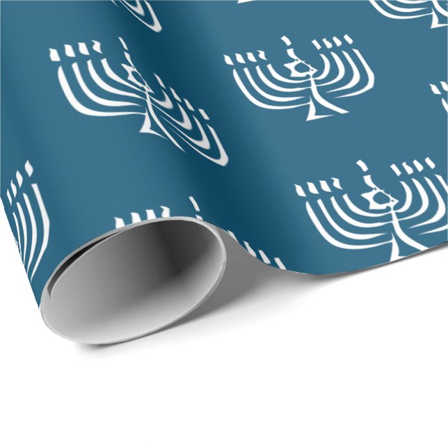 Cadeau Papier blanc moderne à enveloppement Menorah (Coin rond)