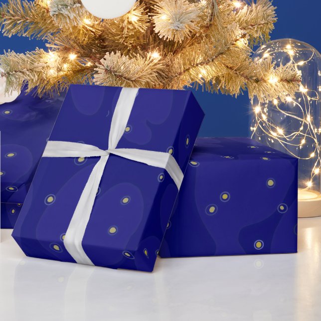 Cadeau Papier bleu foncé avec des points blancs et jaunes (Vacances)