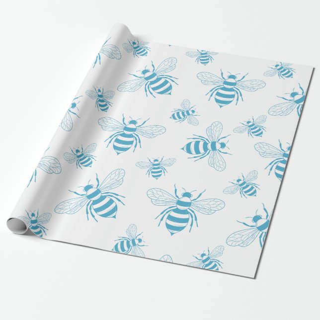 Cadeau Papier Botanique Abeille Vintage Bleu (1) (Déroulé)