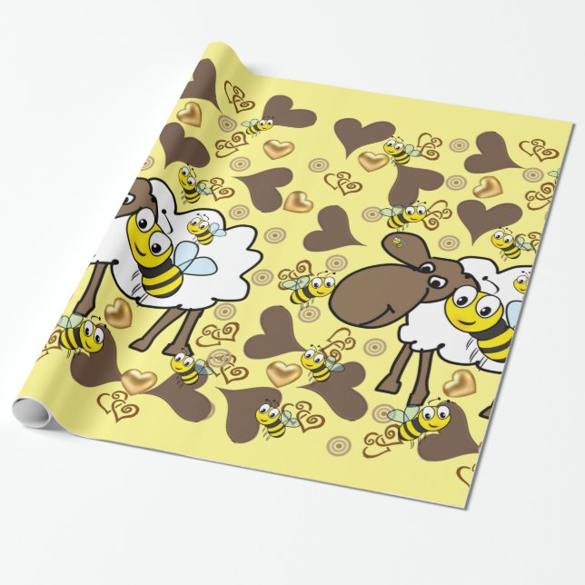 Cadeau Papier brillant à envelopper, Moutons Abeilles Coe (Déroulé)