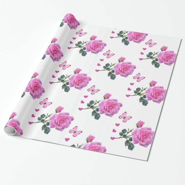 Cadeau Papier brillant à envelopper, Papillon floral rose (Déroulé)