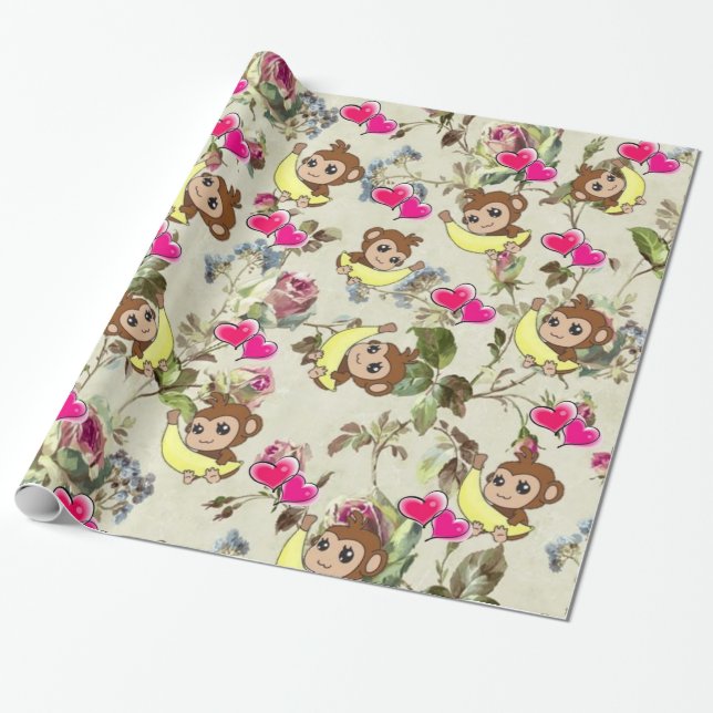 Cadeau Papier brillant, Bananes Singes Floral (Déroulé)