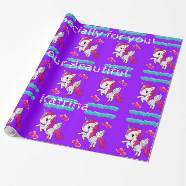 Cadeau Papier brillant, Coeurs Bleus Unicorne Purple (Déroulé)