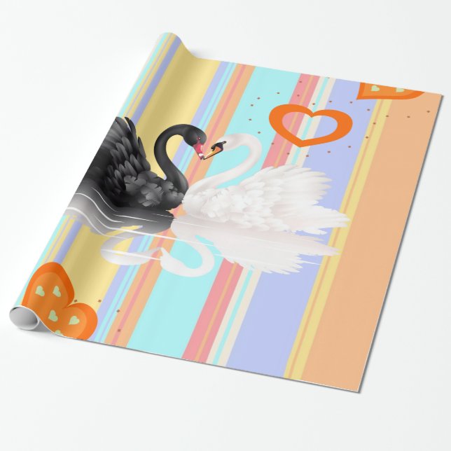 Cadeau Papier brillant, Coeurs rayés Cygnes (Déroulé)