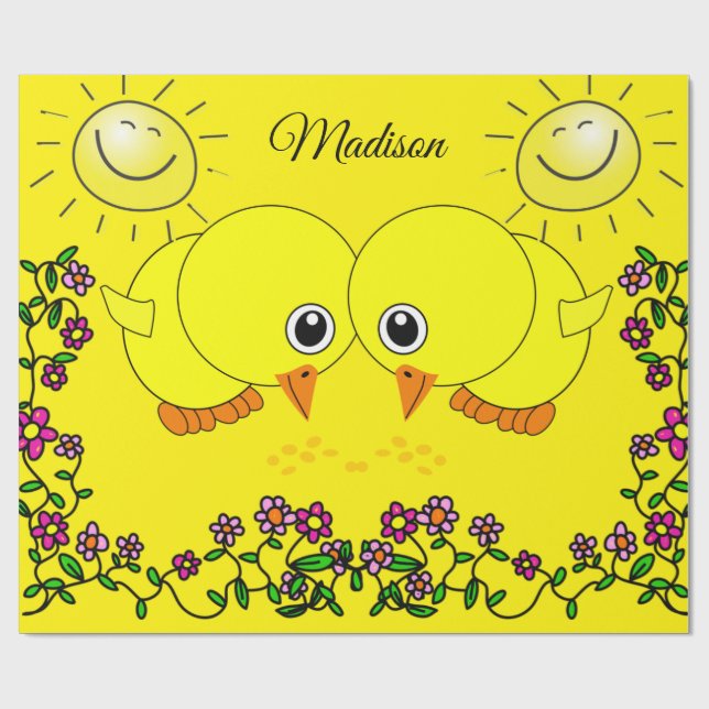 Cadeau Papier brillant, Jaune Chicks Soleil Floral (Plat)