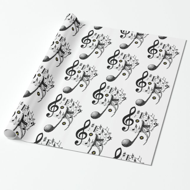Cadeau Papier brillant, notes de musique noir et blanc (Déroulé)