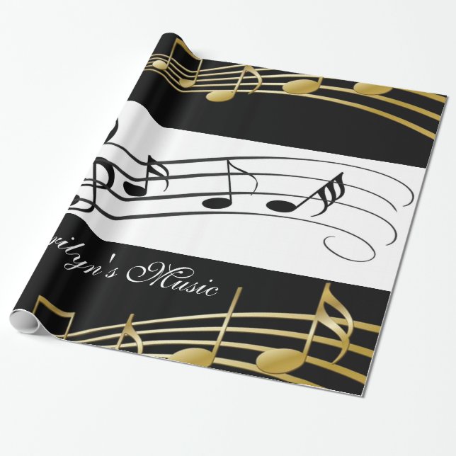 Cadeau Papier brillant, notes de musique noir et blanc (Déroulé)