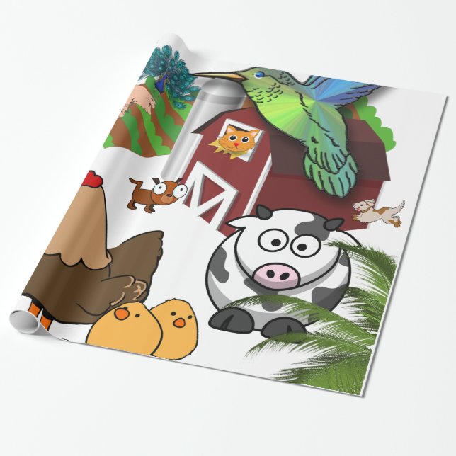 Cadeau Papier brillant, Oiseaux de poulet Vaches (Déroulé)